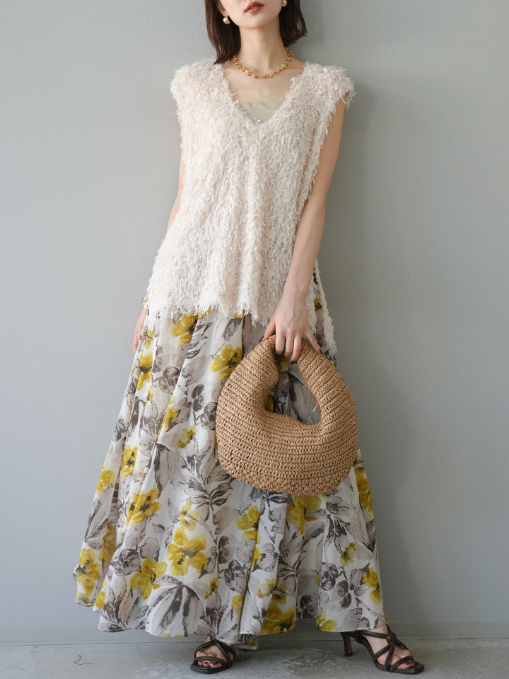 [予約]フラワープリントボリュームフレアスカート/イエロー
