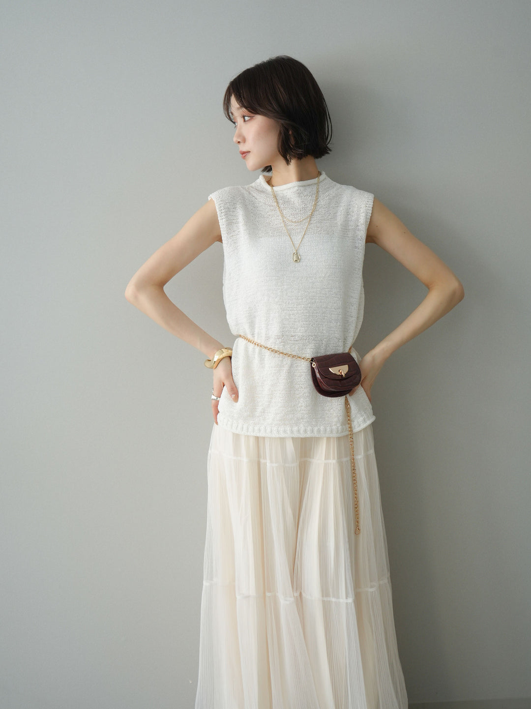 [予約]ノースリーブリネンタッチシアーニットプルオーバー/white