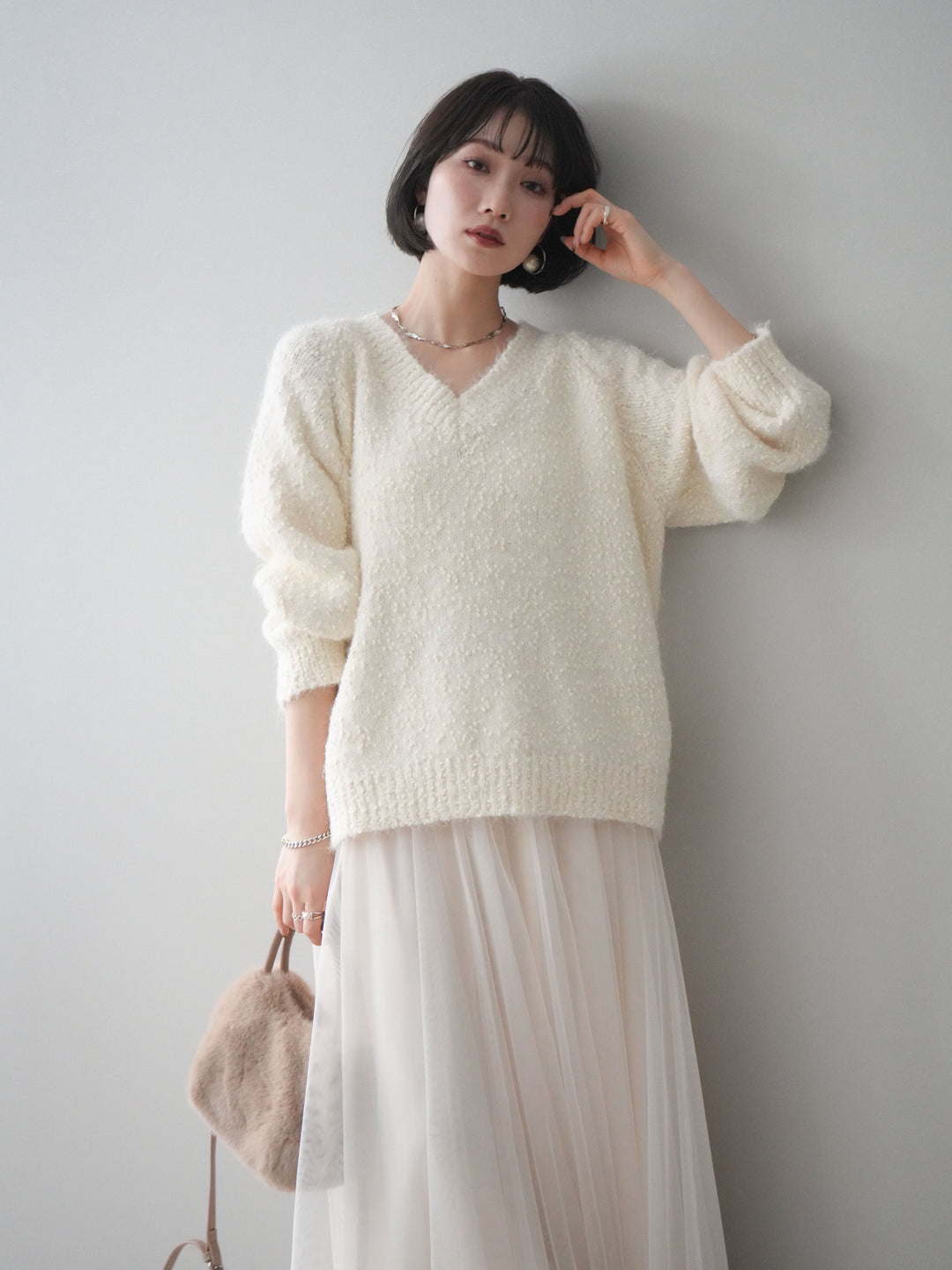 [SET]Vネックスラブニットプルオーバー+選べるアクセセット(2set)