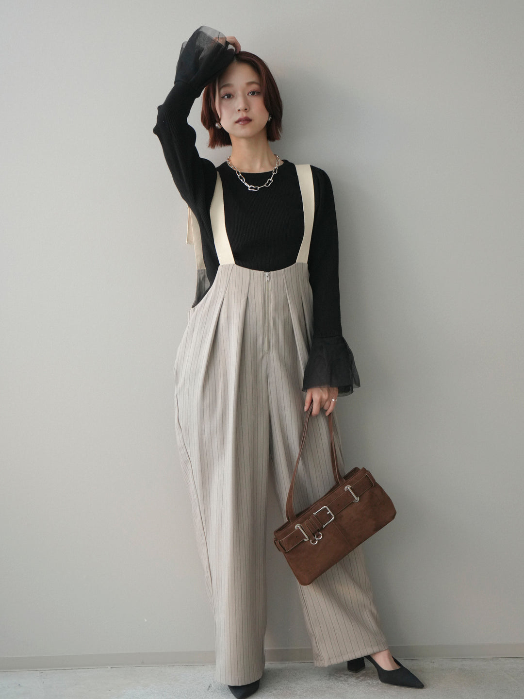 [予約]グログランテープストライプサロペット/greige