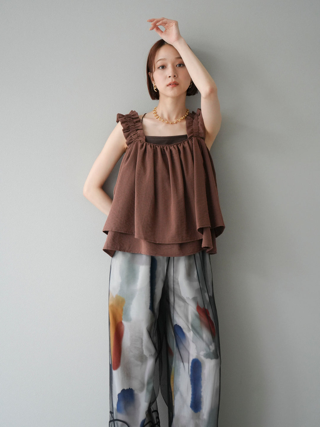 [SET] 縮肩喇叭背心 + 水彩藝術休閒褲 (2 件組)