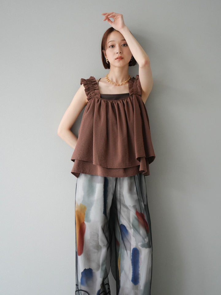 [SET] 縮肩喇叭背心 + 水彩藝術休閒褲 (2 件組)