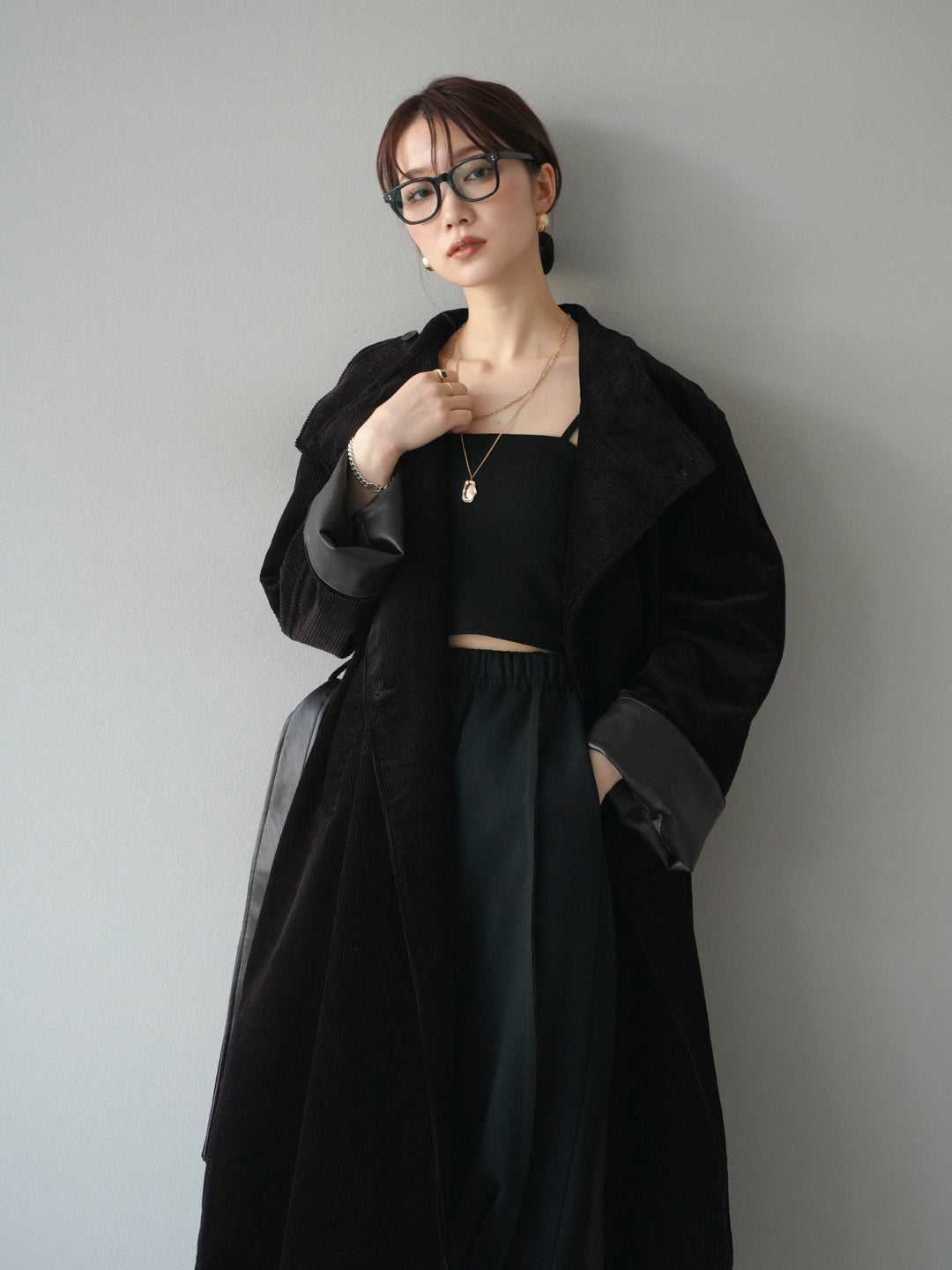 [予約]コーデュロイ折り返しレザーロングコート/brown