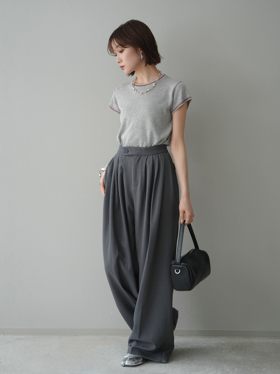 [SET]配色ハーフスリーブニットトップス+メニータックワイドパンツ(2set)