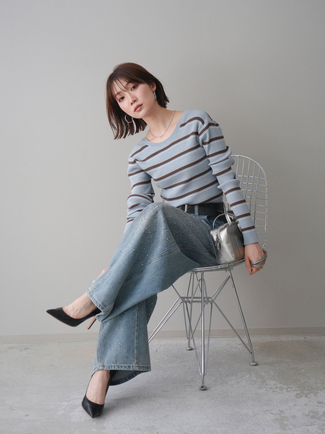 [予約]バックオープンテレコリブマルチボーダートップス/blue