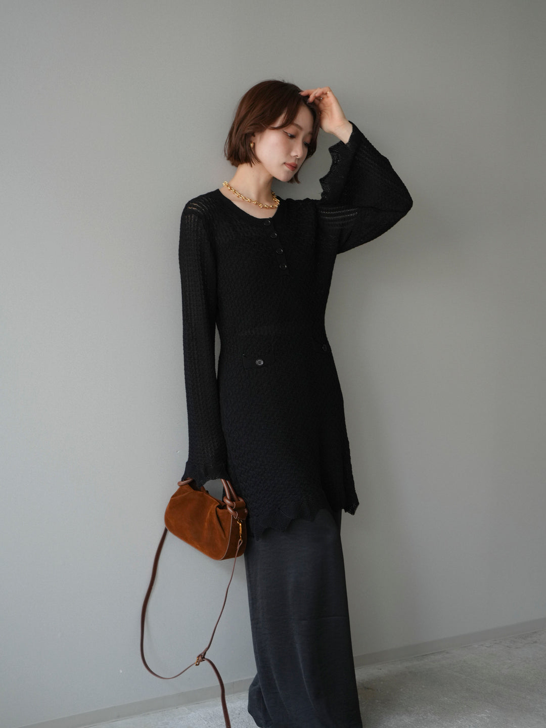 [予約]ヘンリーネックニットチュニック/black