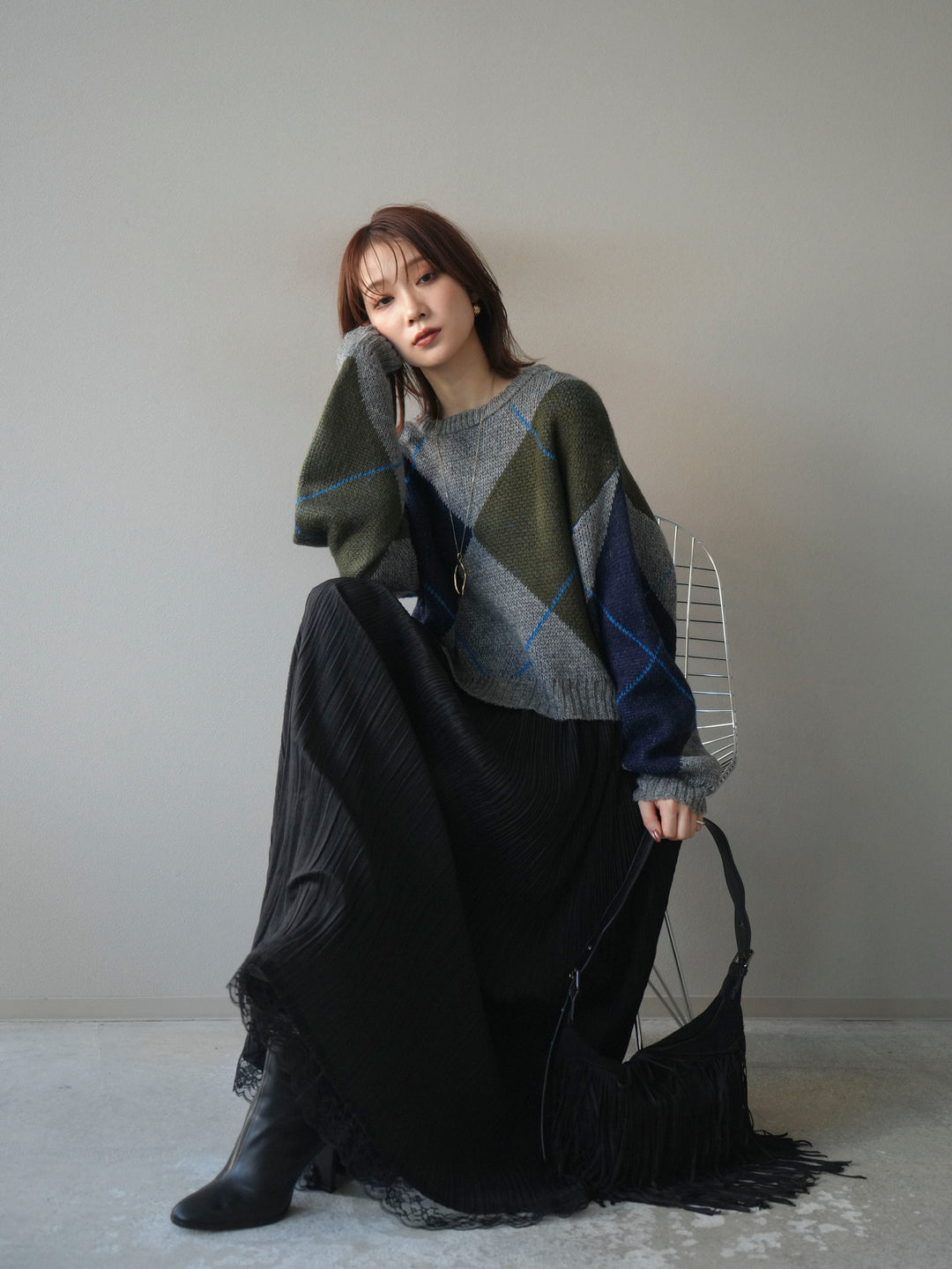 [SET]配色ステッチアーガイル柄ニットプルオーバー+配色ステッチアーガイル柄ニットプルオーバー(2set)