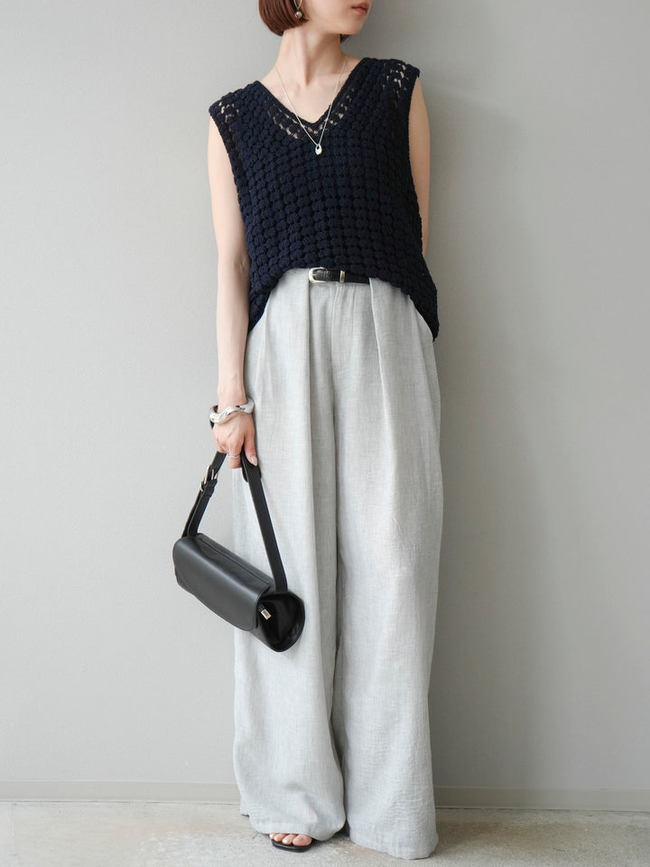 [予約]リネンライクベルト付タックループワイドパンツ/ライトグレー