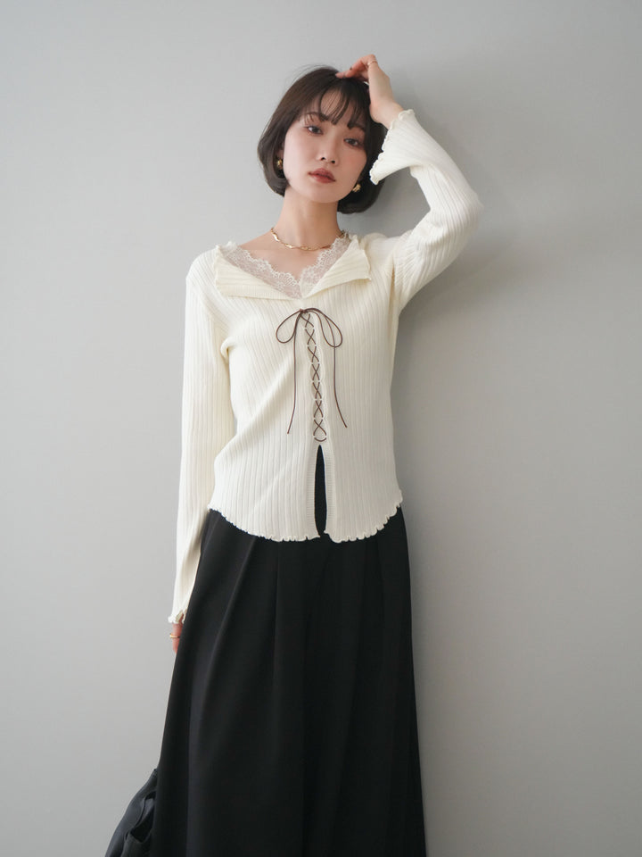 [予約]レースネックレースアップリブニットトップス/ivory