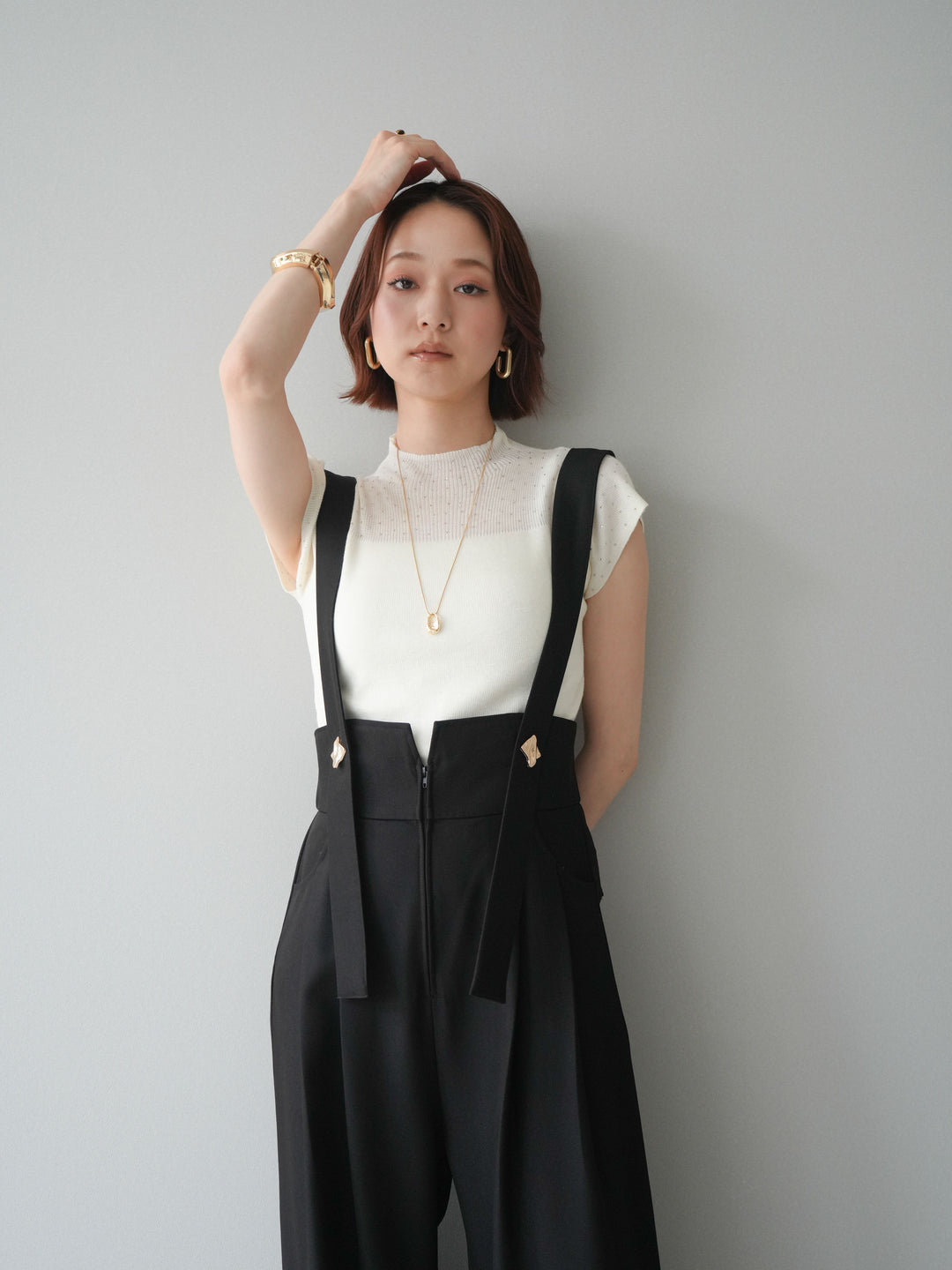[SET]ビジューシアーフレンチニット+ゴールドボタンサスペンダーワイドパンツ(2set)