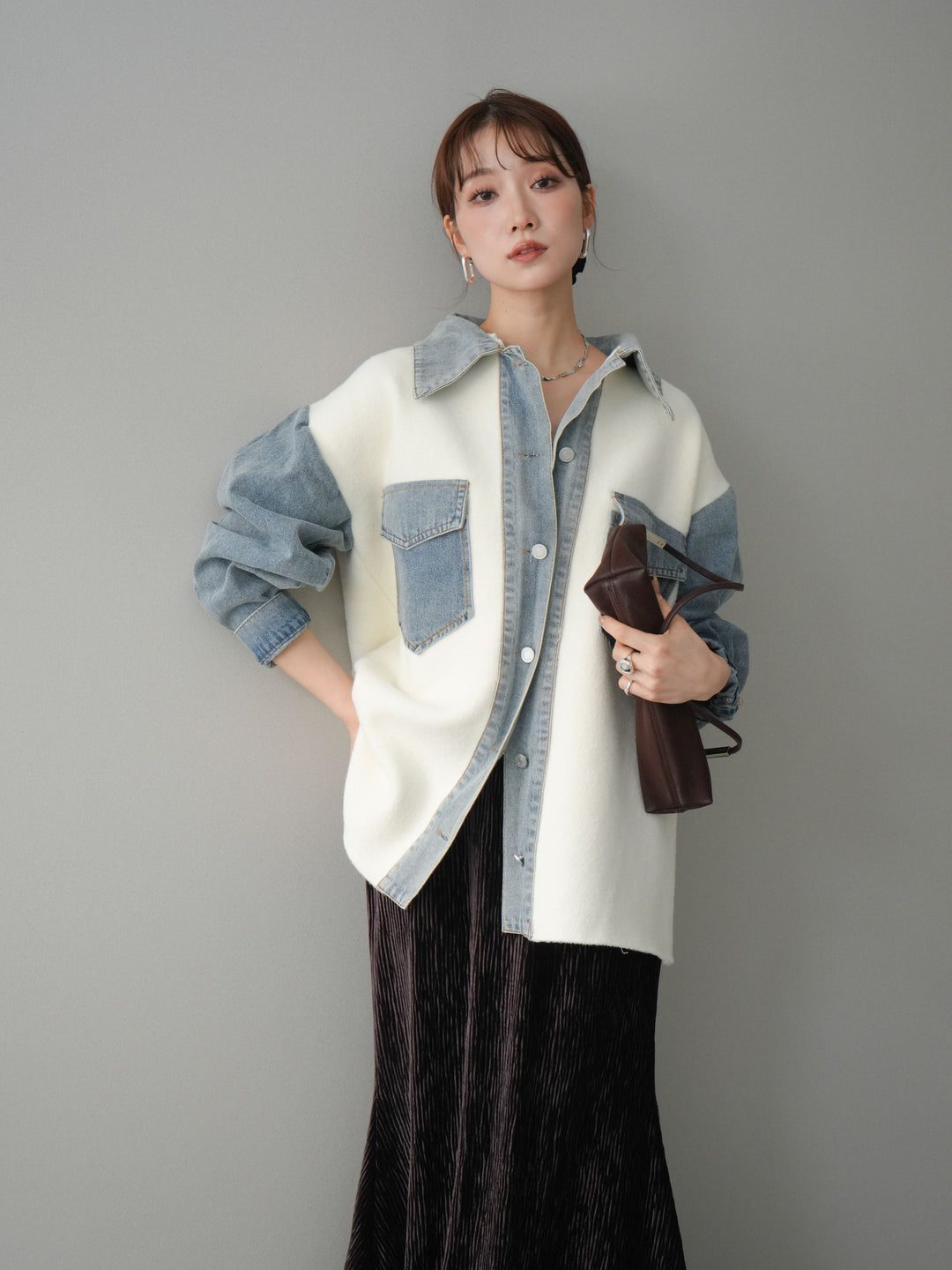 [予約]デニム襟ダブルフェイスニットカーディガン/white