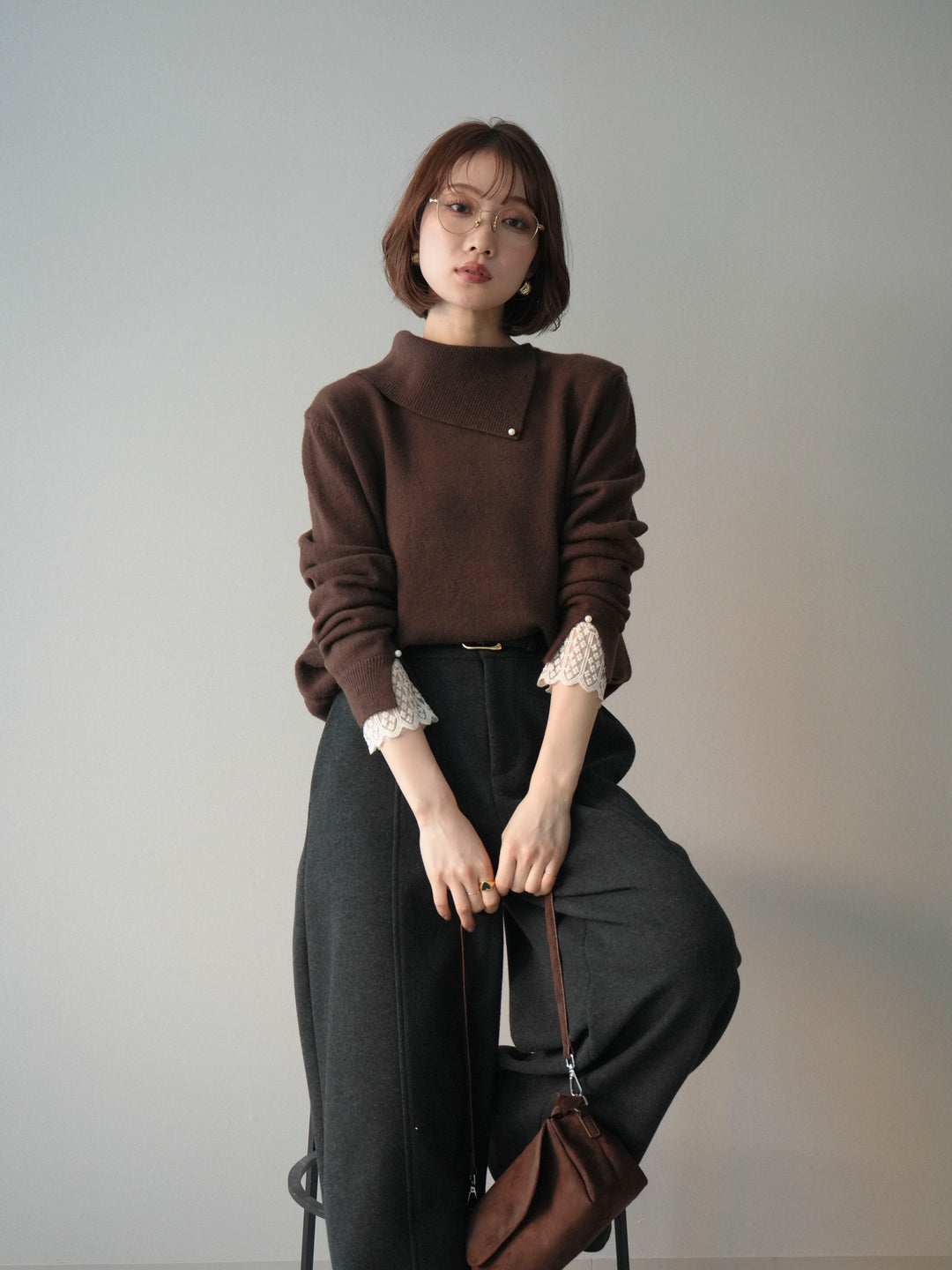 [SET]袖レースパール付き配色ニットトップス+ウールタッチカーブパンツ(2set)