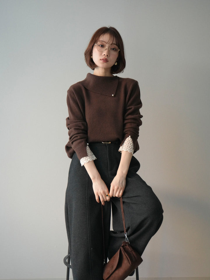 [SET]袖レースパール付き配色ニットトップス+ウールタッチカーブパンツ(2set)
