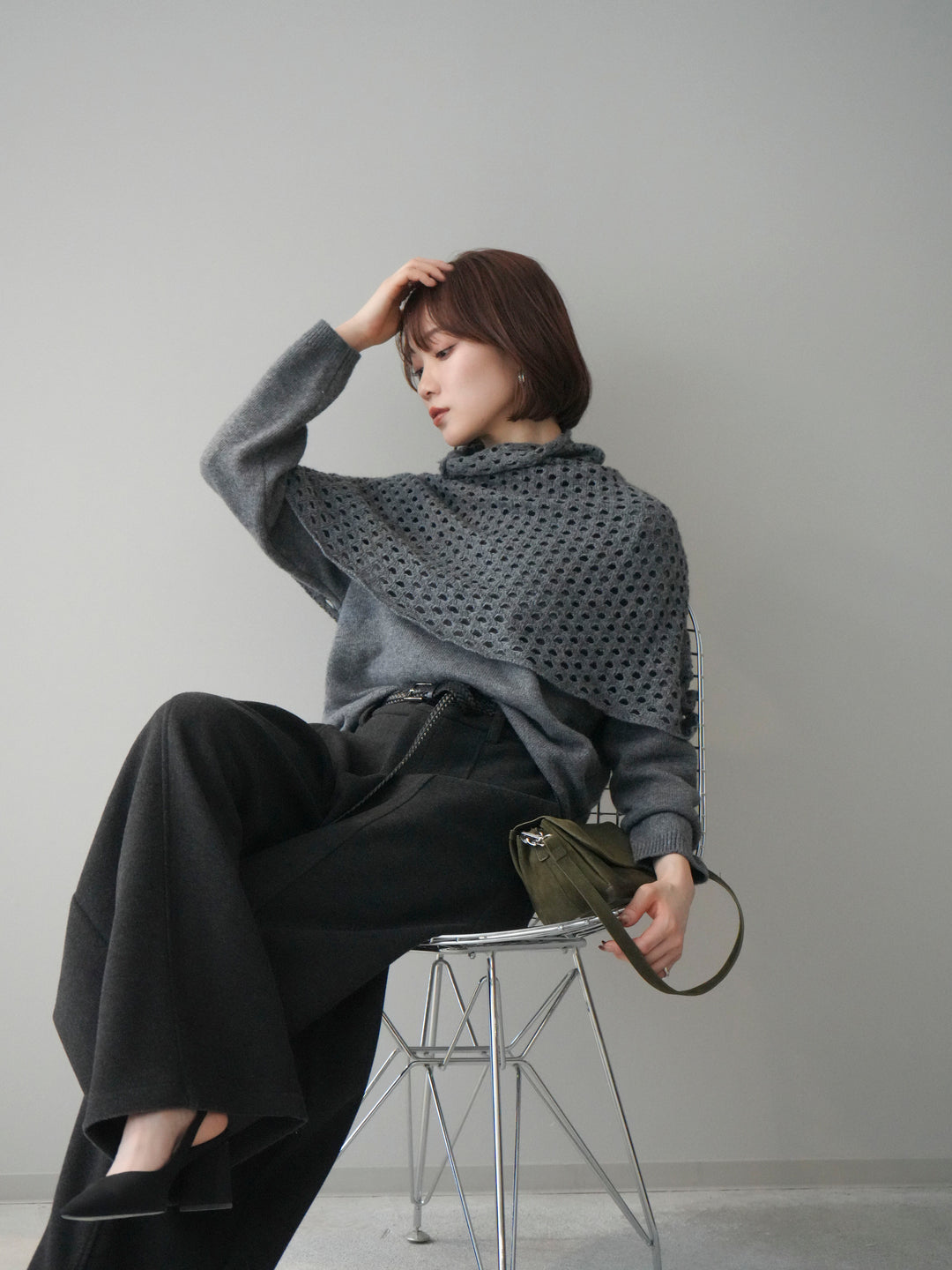 [予約]メッシュケープアンサンブルニットプルオーバー/darkgray