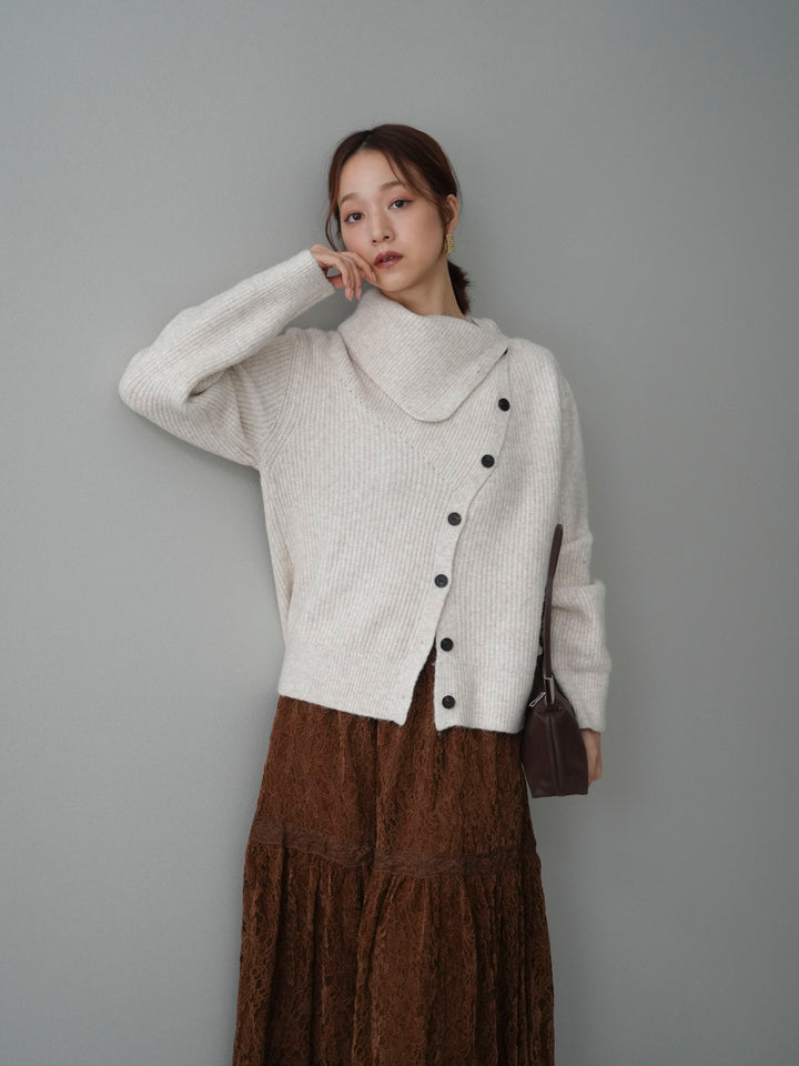 [SET]ハイネックデザインボタンニットカーディガン+起毛レースティアードスカート(2set)
