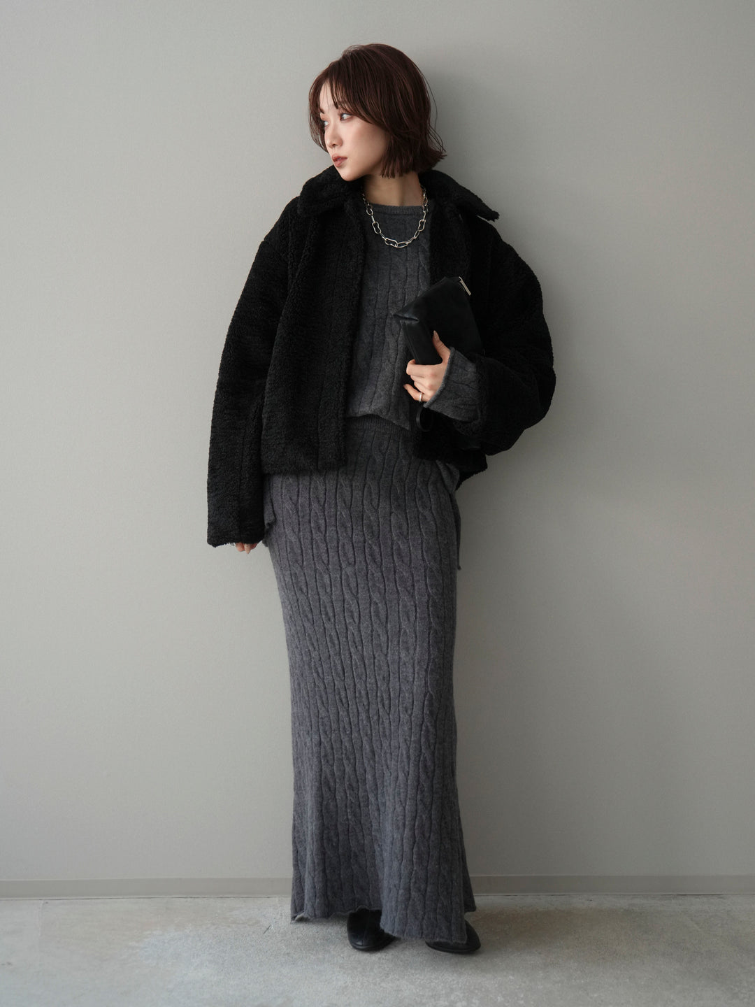 [SET]エコファーステンカラージャケット+ストール付ケーブルニットプルオーバー&ロングスカートSET UP(2set)