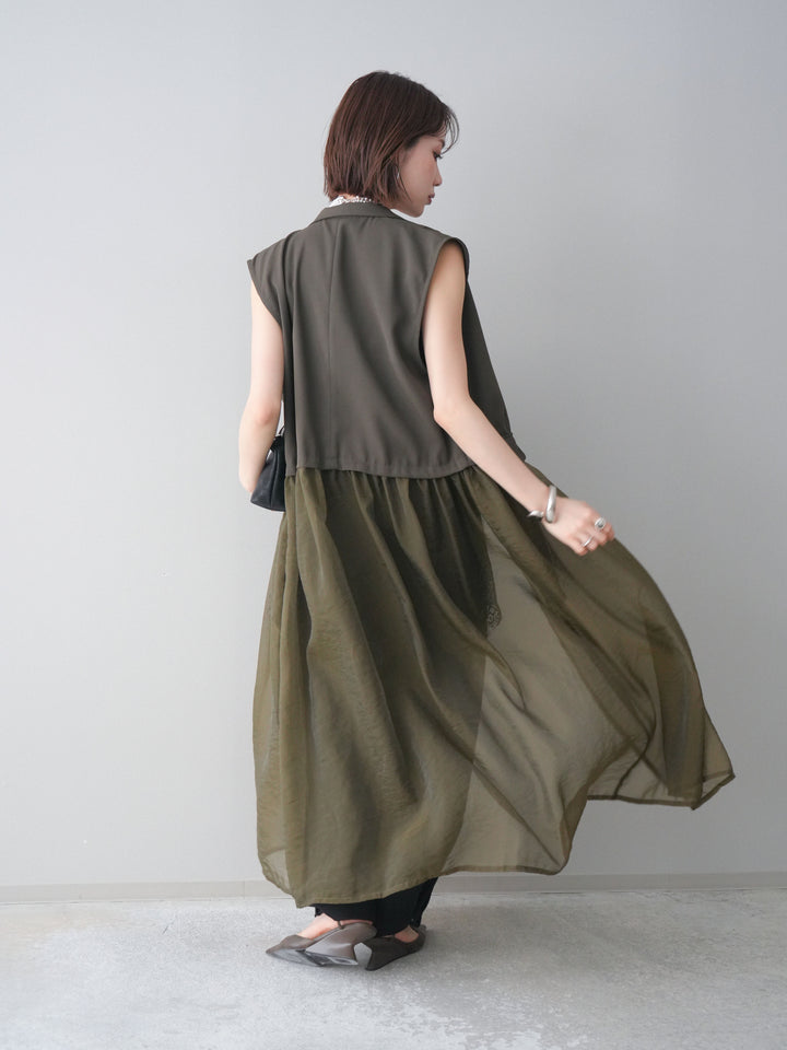 [SET]シアーレイヤードテーラードロングジレ+レーストリムキャミソール+2WAYデザインスウェットパンツ(3set)