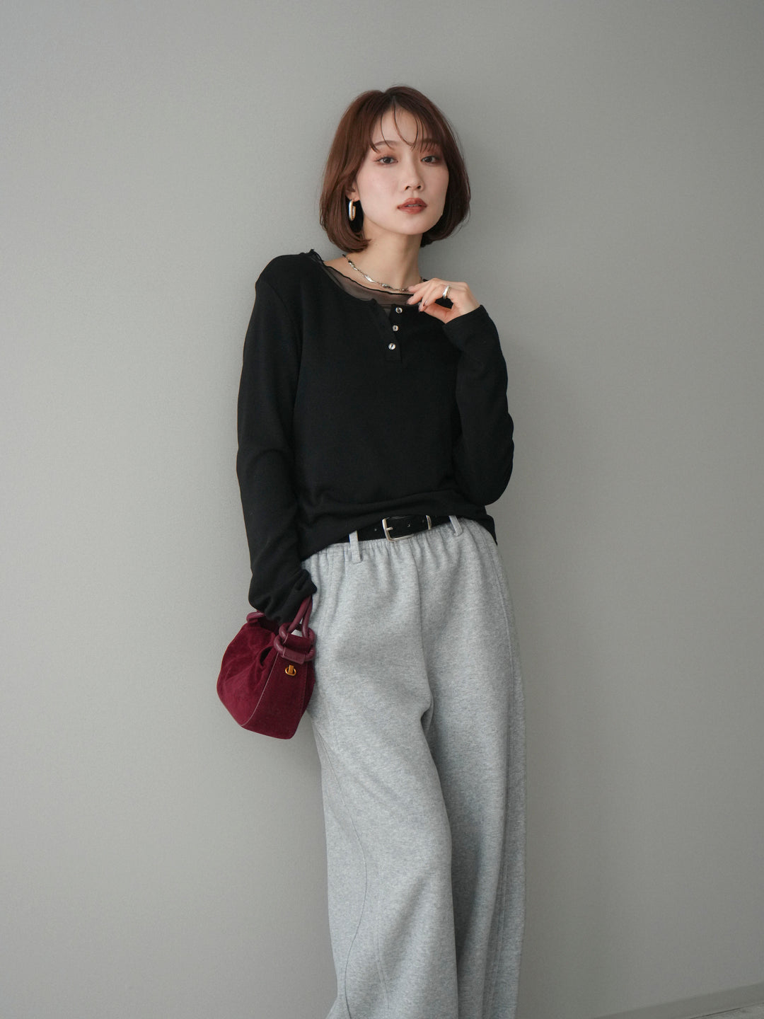 [予約]チュールレイヤードヘンリーネックカットソー/black