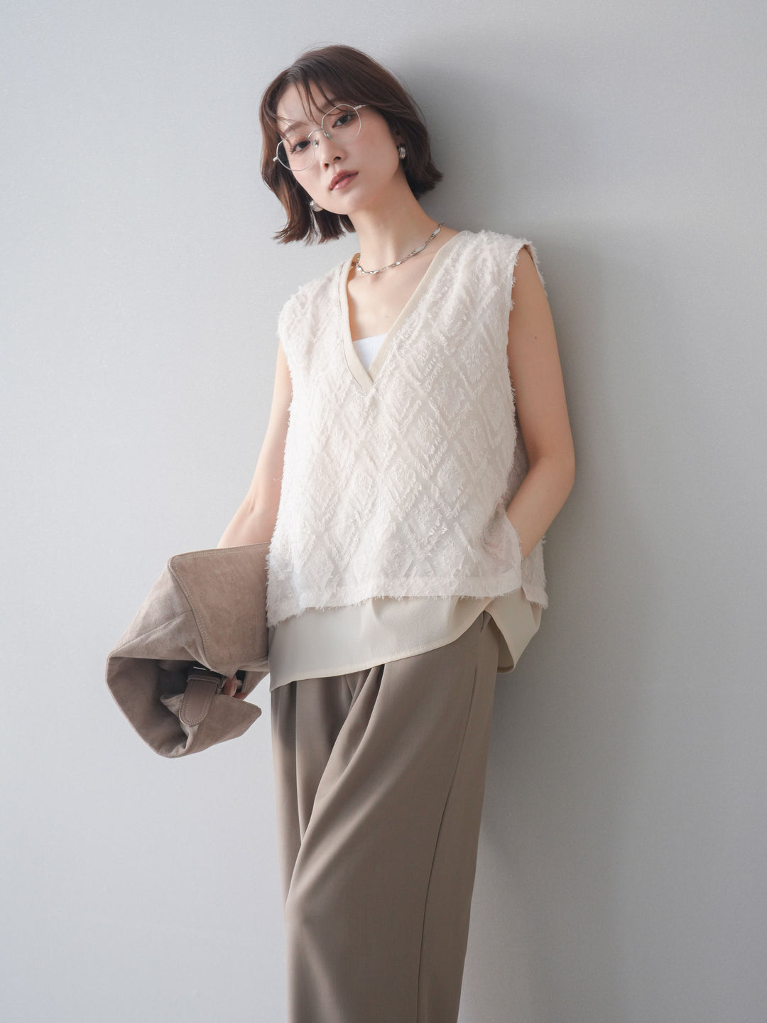 [SET]フリンジレイヤードVネックノースリーブ+選べるアクセセット(2set)