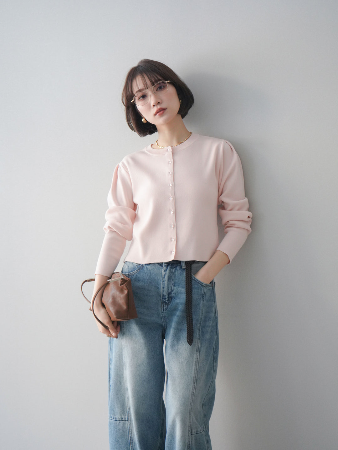 [予約]クリアボタンタックニットカーディガン/pink