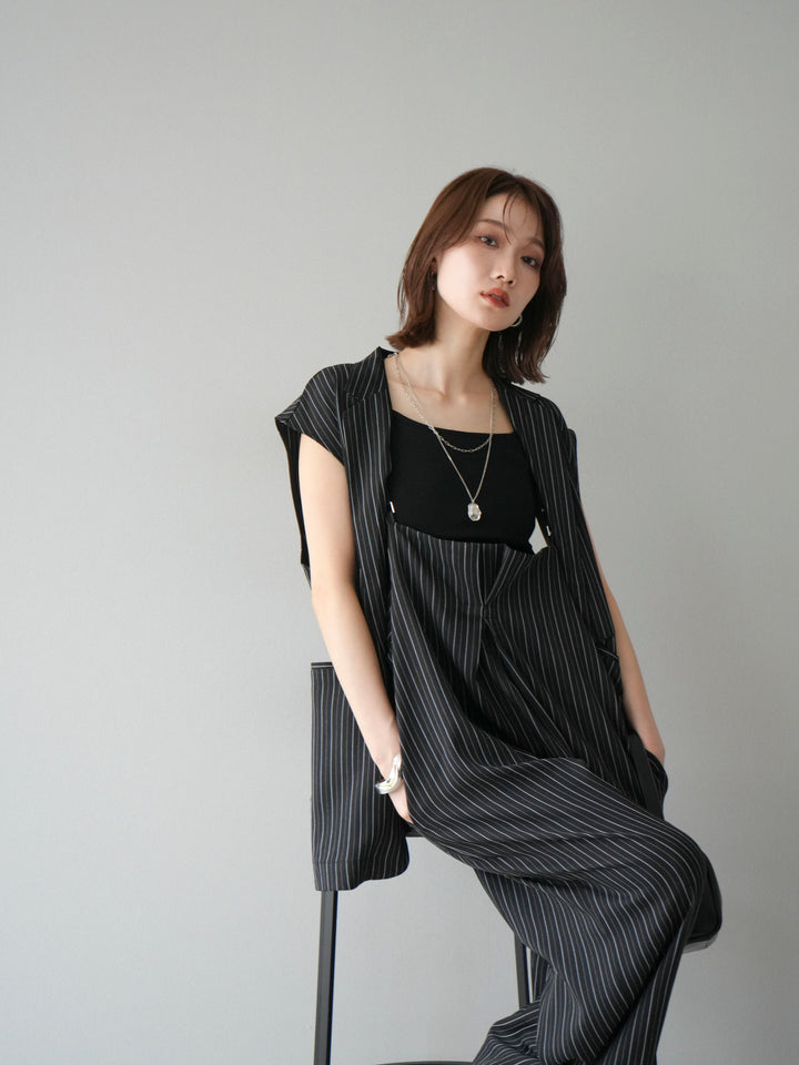 【着回しセット】[SET]ヘリンボーンストライプジレ+シアー切替ベロアトップス+ヘリンボーンストライプサロペット(3set)