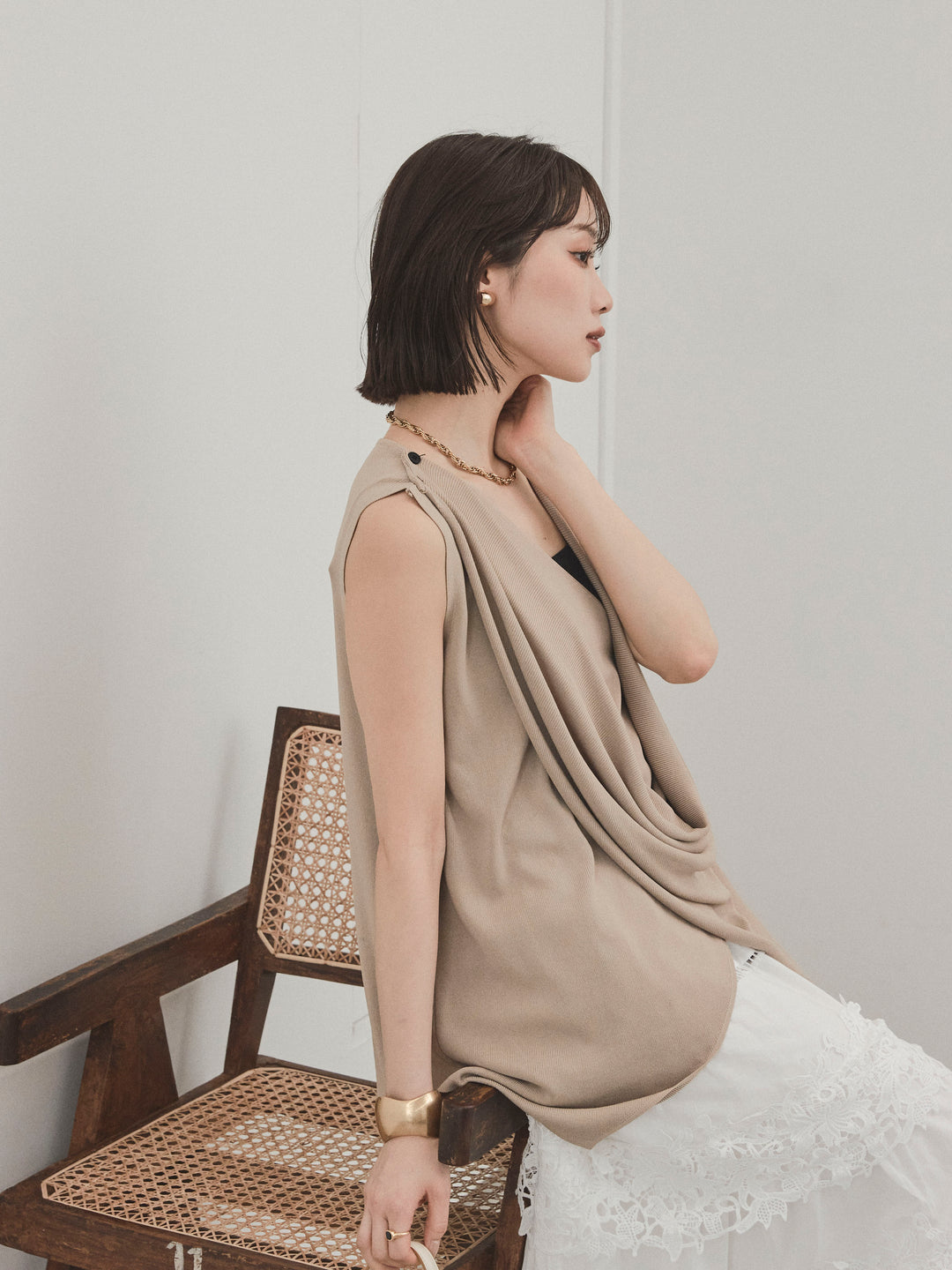 [予約]ドライタッチドレープニットプルオーバー/ベージュ