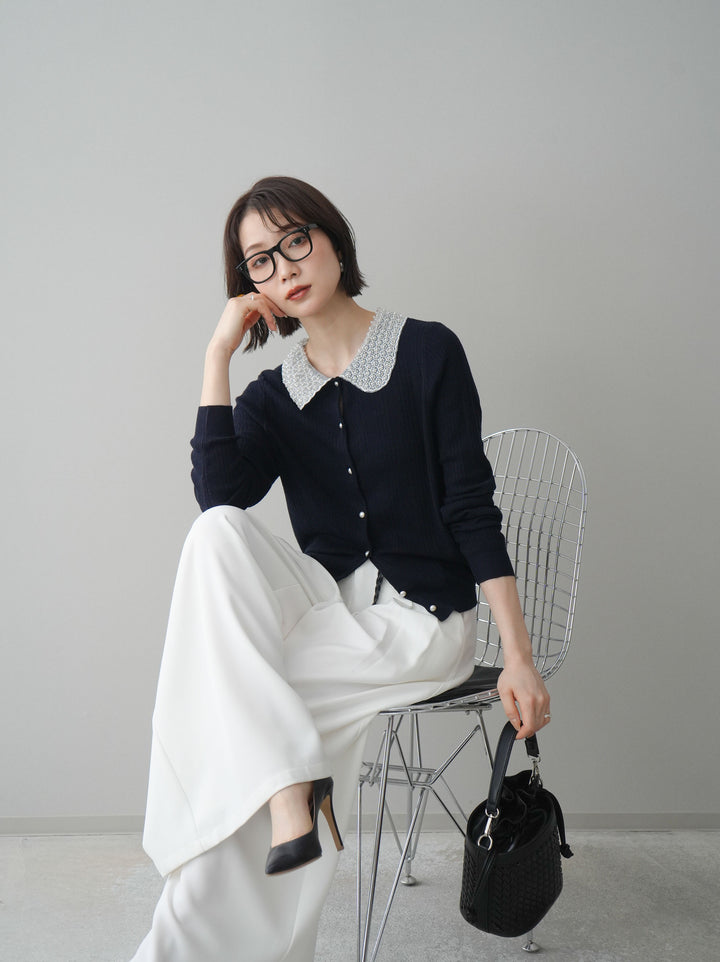 [SET]ビジュー襟パールボタンニットカーディガン+編み込みベルト付タックワイドパンツ(2set)