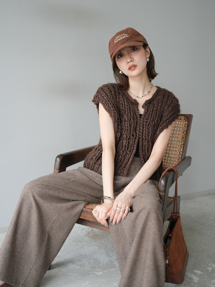 [SET] 手編繩結背心+粗花呢觸感褶皺寬褲（2件組）