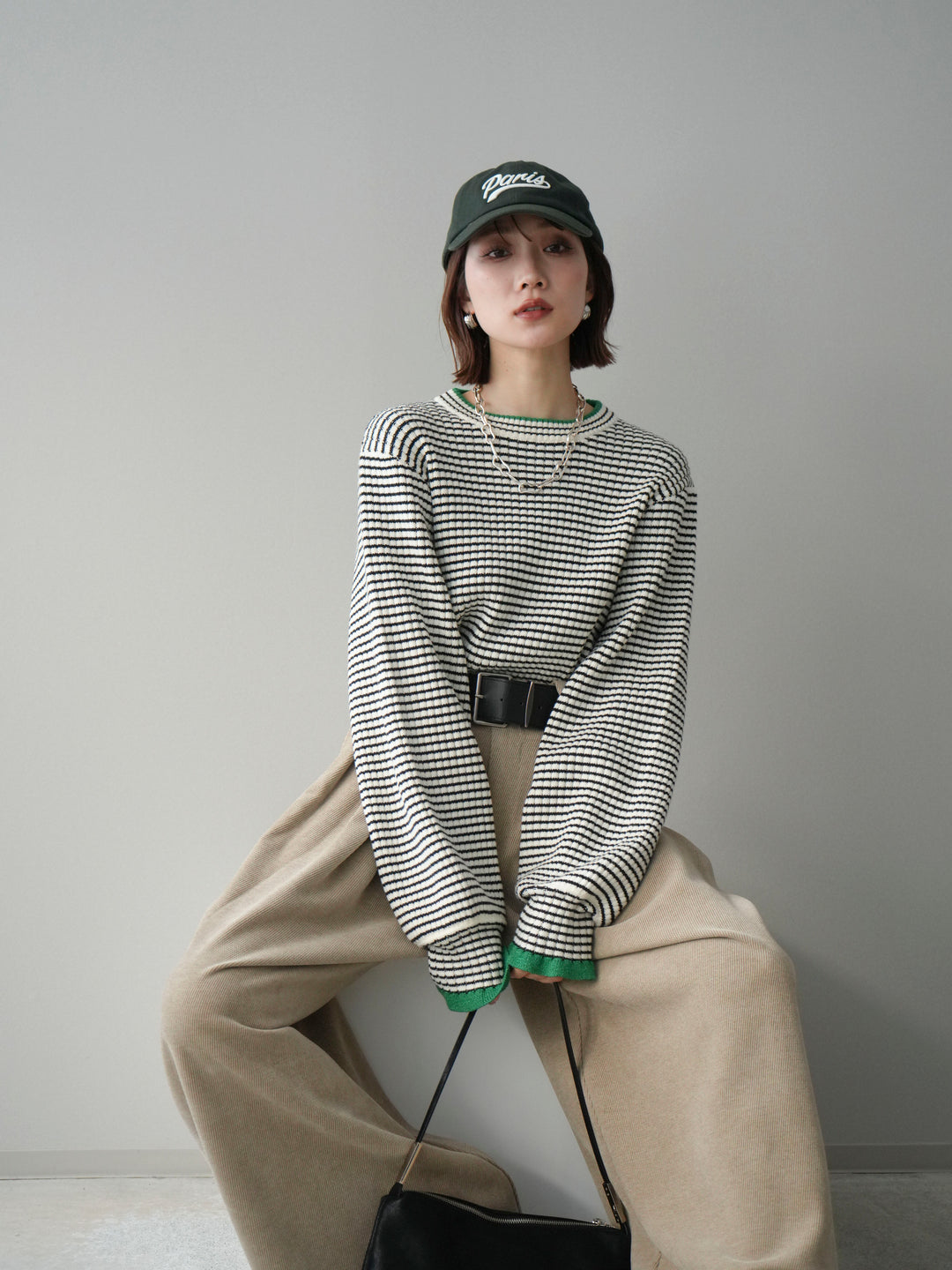 [SET]ラメ異素材ボーダーリブニットプルオーバー+ベルトデザインループコールテンワイドパンツ(ベルト付き)(2set)