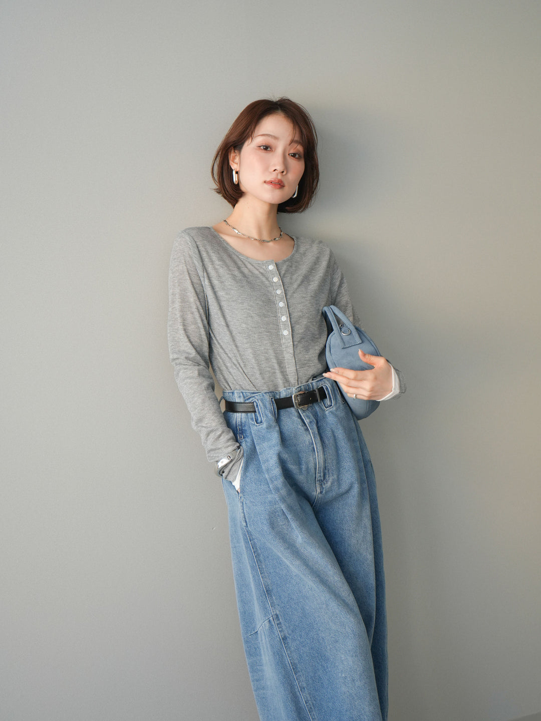 [予約]シアーリブバイカラーカーディガン/gray