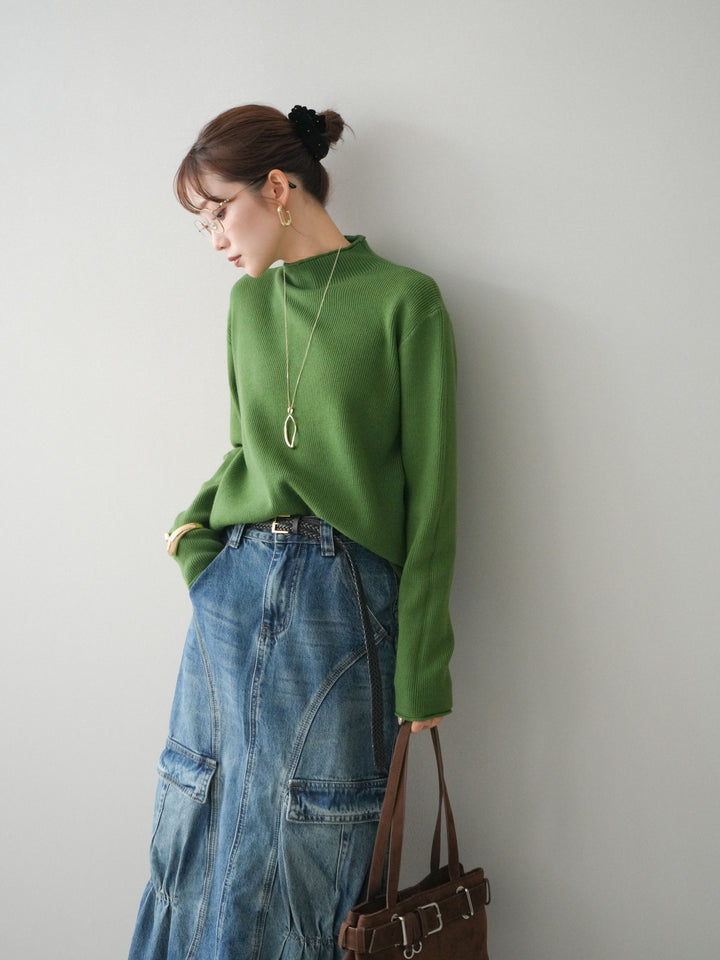 [予約]ボトルネック裾カールリブニットトップス/green