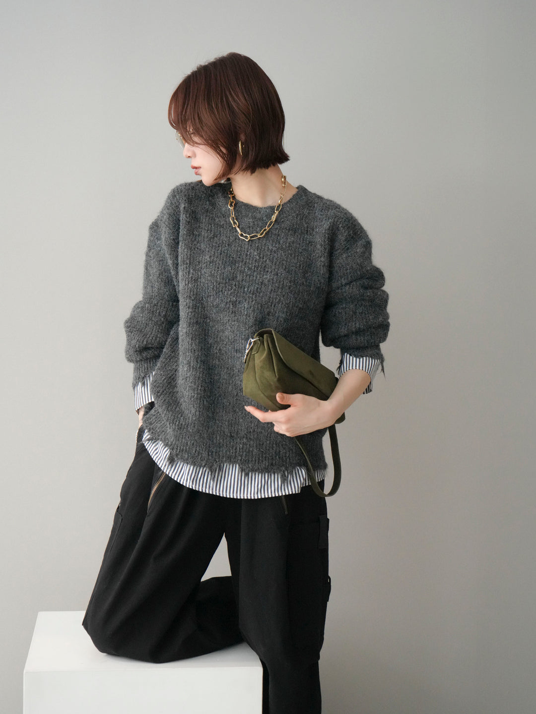 [SET]裾シャツレイヤードダメージニットプルオーバー+ストーンフォークリング(2set)