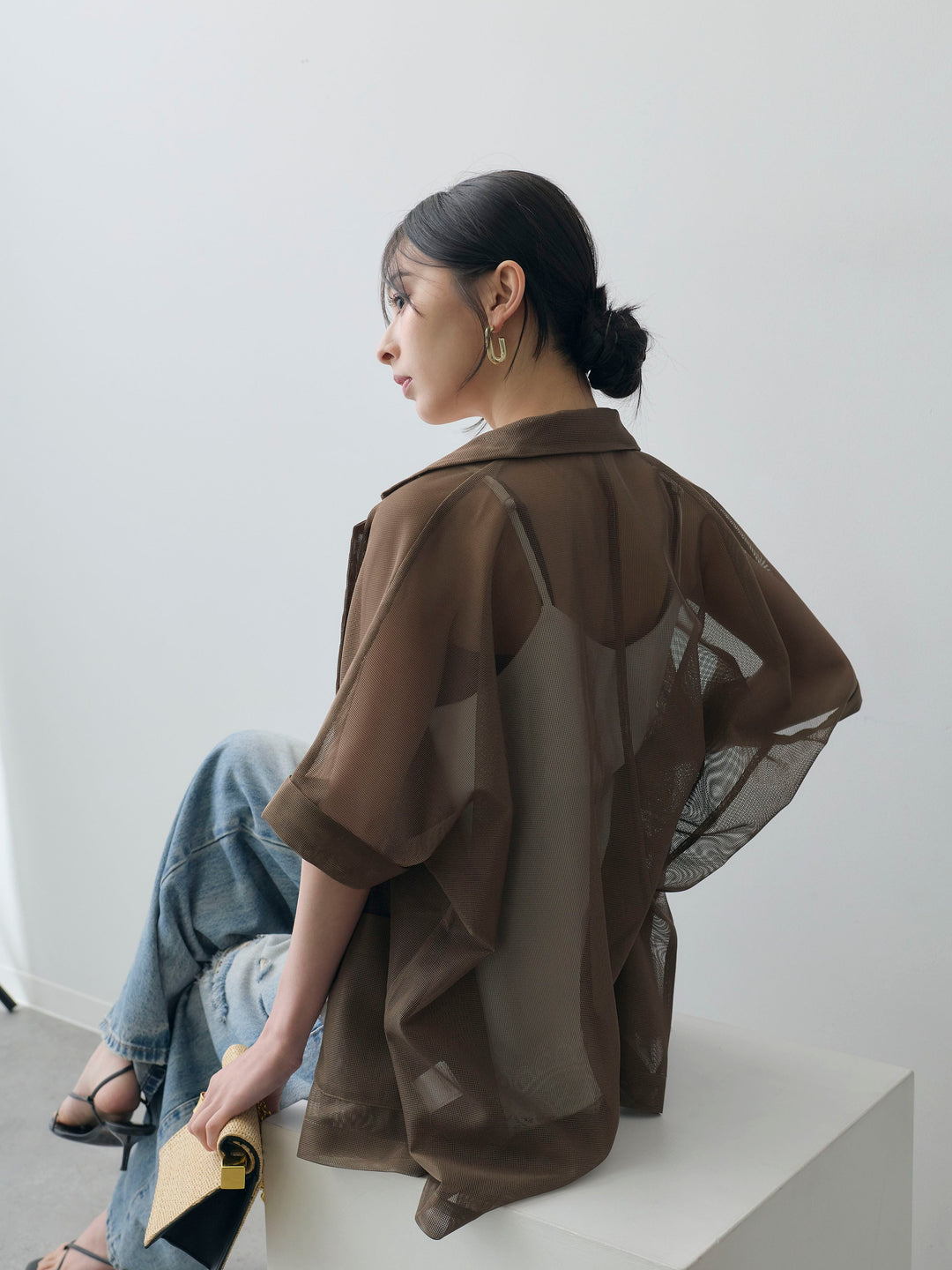 [SET]メッシュハーフWジャケット+ダメージデニムセミワイドパンツ(2set)