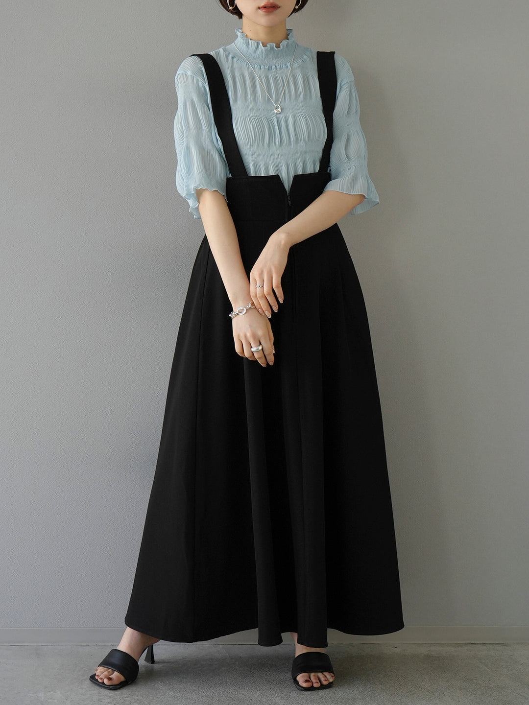 [SET] Shirring chiffon half sleeve blouse + 2WAY flare jumper skirt (2set)