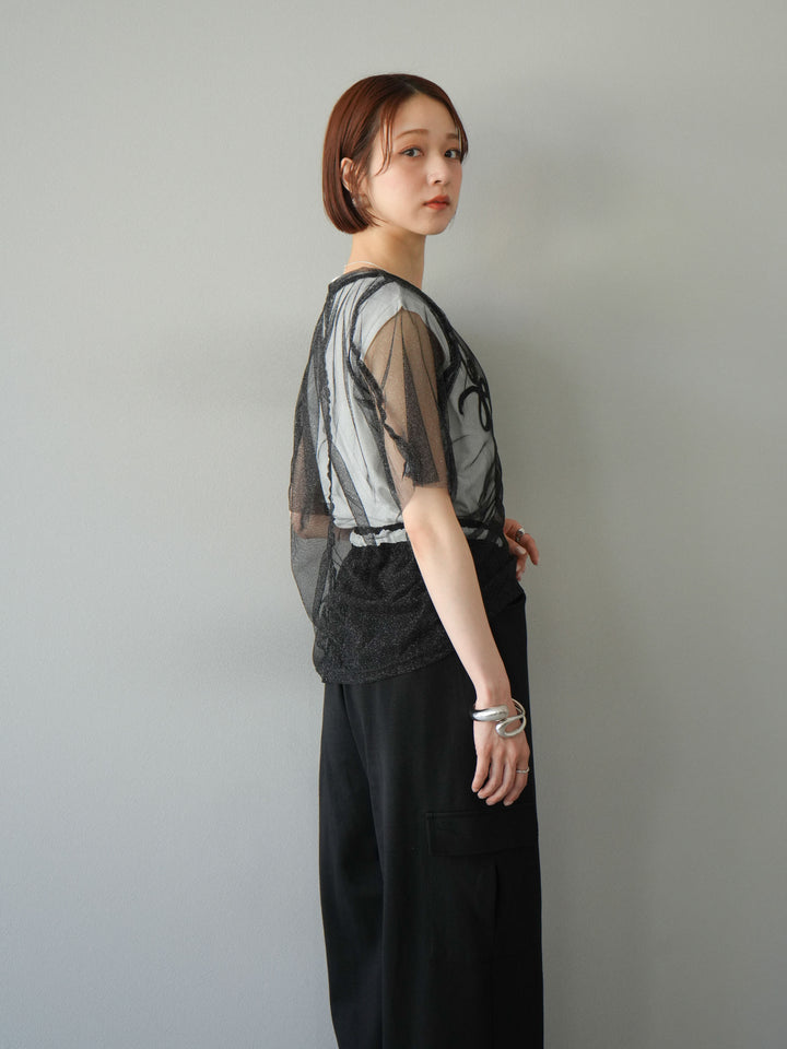 [SET]ラメチュールシャーリングプルオーバー+コード刺繍フレンチスリーブTシャツ(2set)