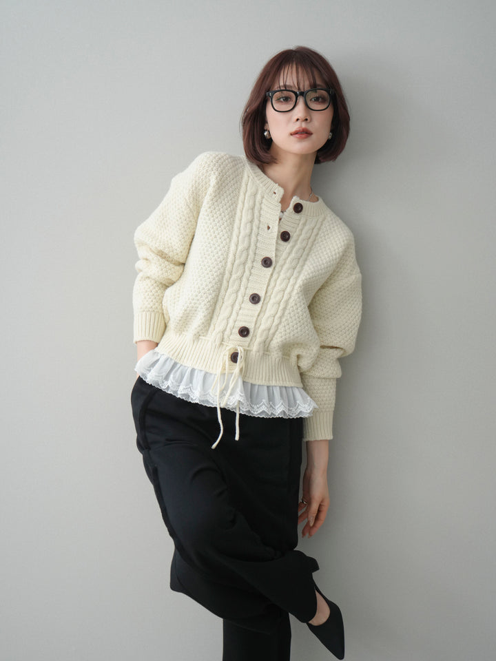 [SET]裾レースケーブルニットカーディガン+2WAYデザインスウェットパンツ(2set)