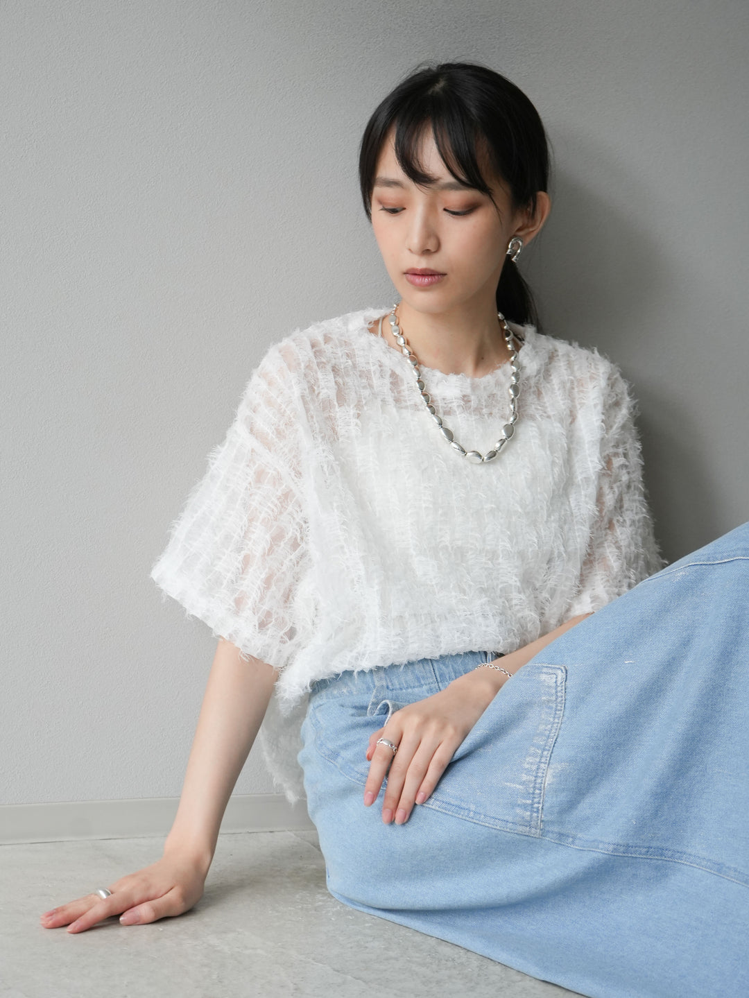 [Pre-order] Fringe Tulle 5/4 Sleeve Over Top/Off-White