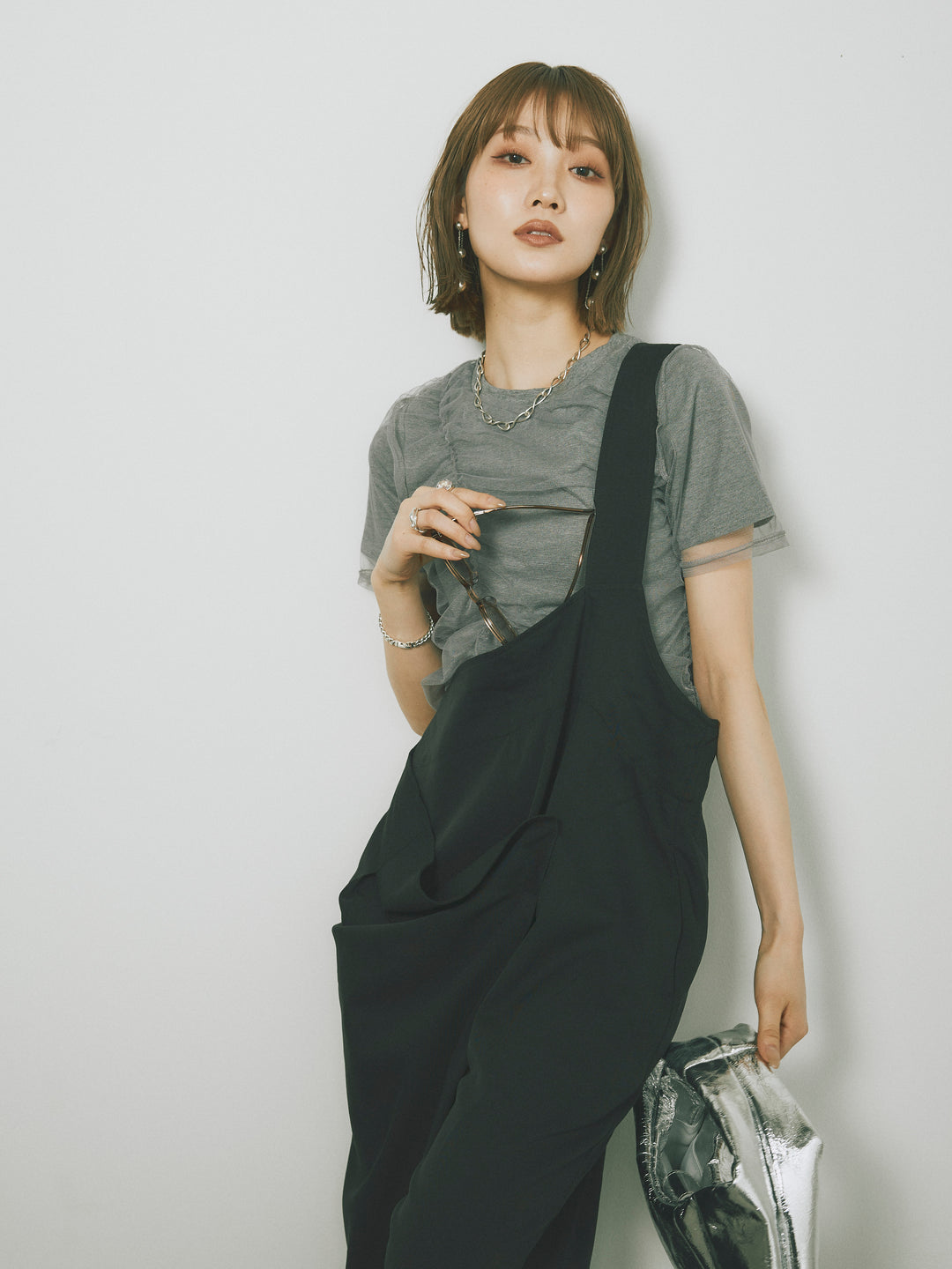 [予約]シャーリングチュールレイヤードTシャツ/グレー