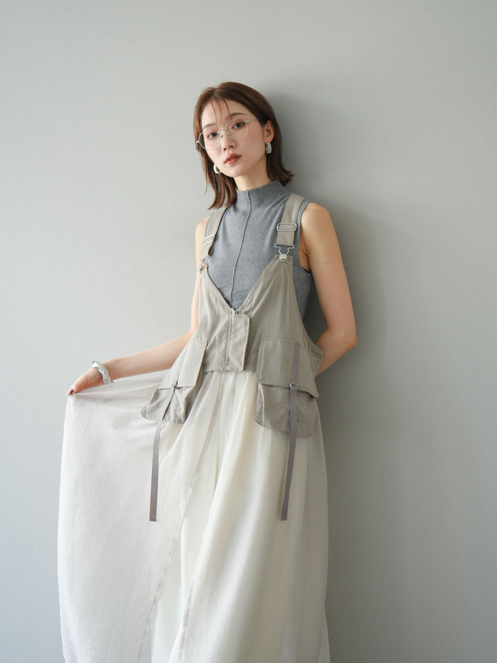 [SET] 戰術背心歐根紗洋裝 + 麻質寬鬆寬褲 (2 件套)