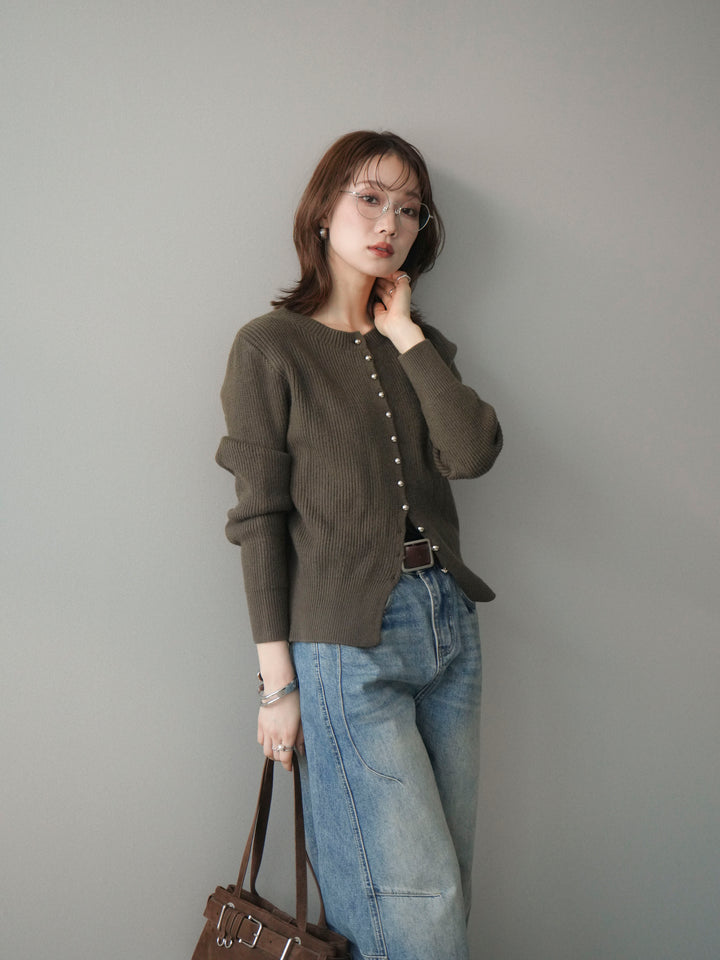 [予約]シルバーボタン畦編みニットカーディガン/brown