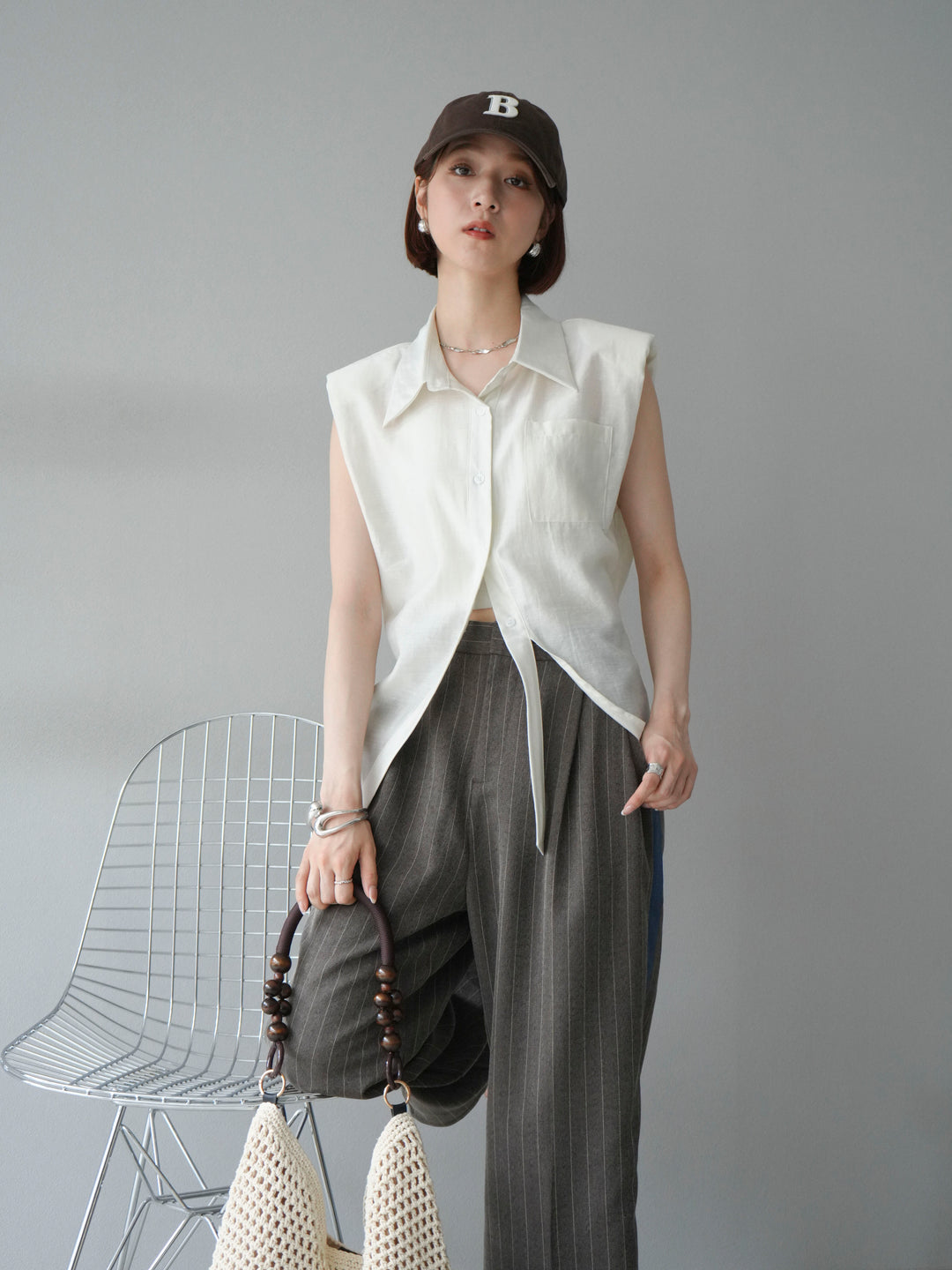 [予約]サイドラインストライプワイドパンツ/ブラウン