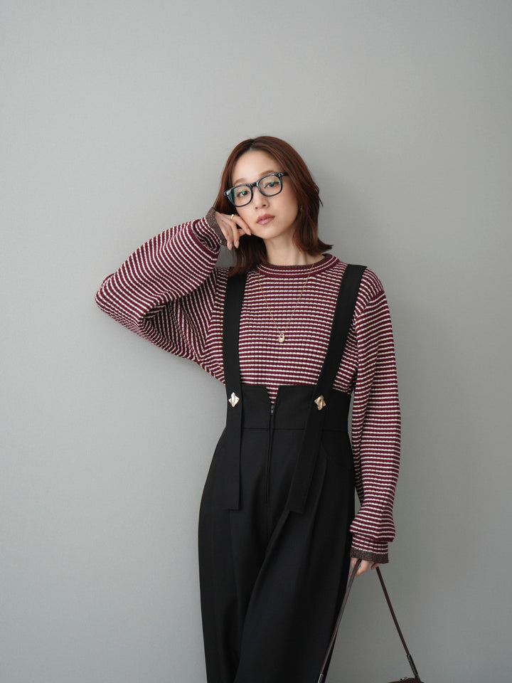 [SET]ラメ異素材ボーダーリブニットプルオーバー+ゴールドボタンサスペンダーワイドパンツ(2set)