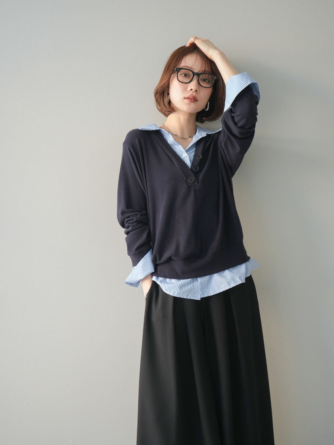 [予約]シャツレイヤードデザインカットプルオーバー/navy