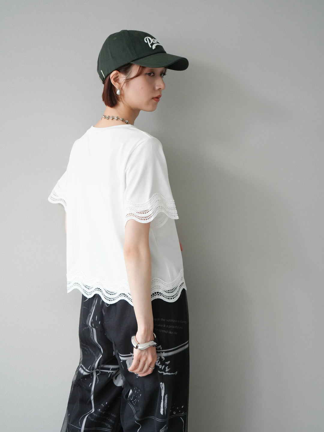 [SET]レース切替カットソー+コード刺繍チュールレイヤードパンツ(2set)