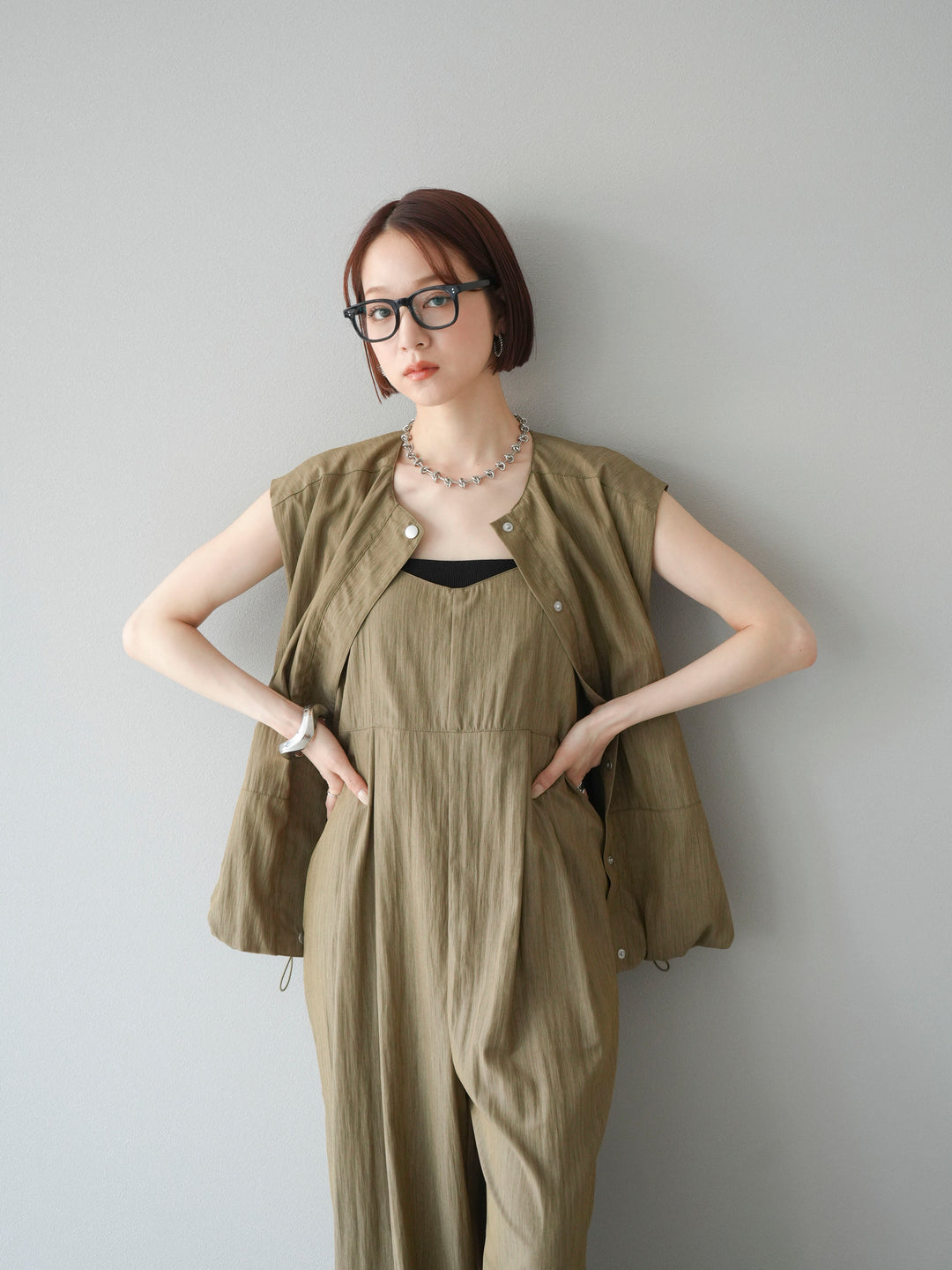 [SET]リネンライクビスチェデザインサロペット+リネンライクドロストバルーンブルゾン(2set)