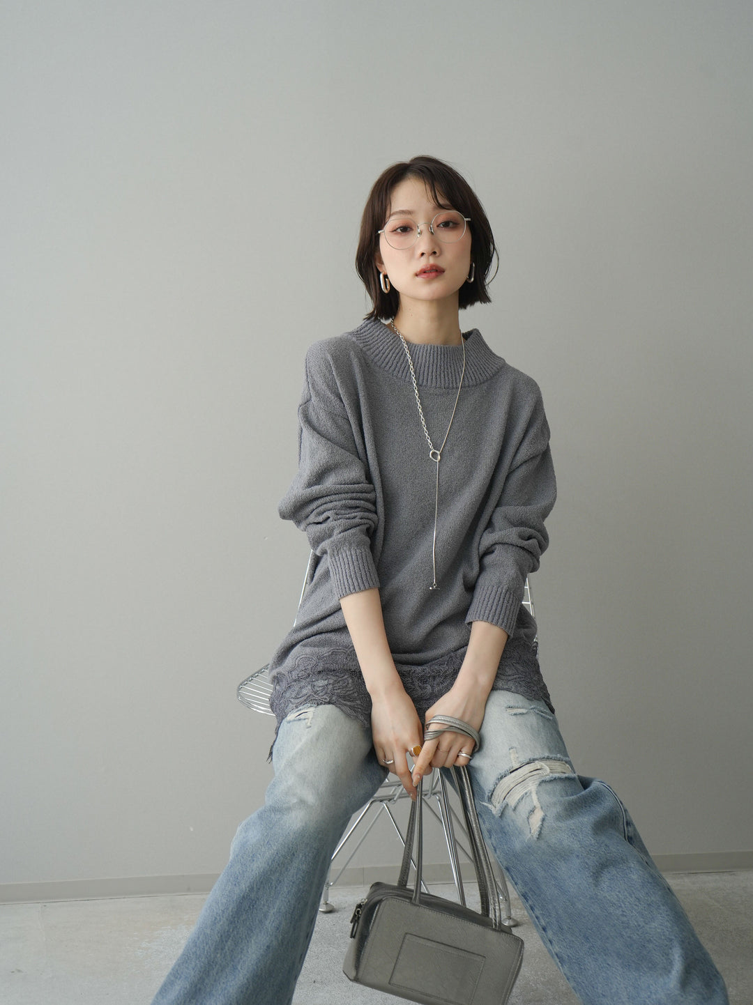 [SET]アシンメトリーレースヘムニットプルオーバー+アシンメトリーレースヘムニットプルオーバー(2set)