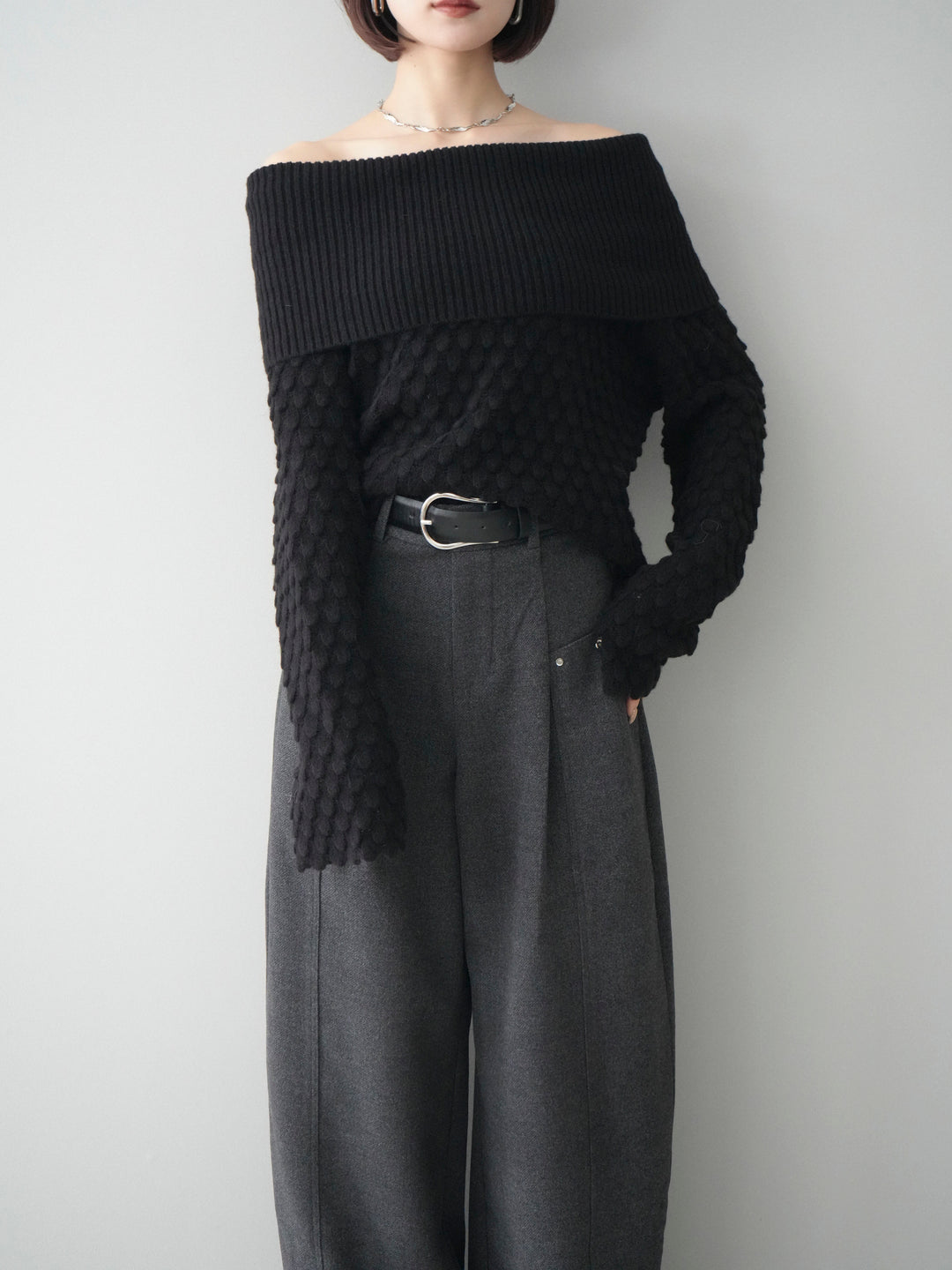 [SET]ポコポコ編みオフショルニットプルオーバー+選べるアクセセット(2set)