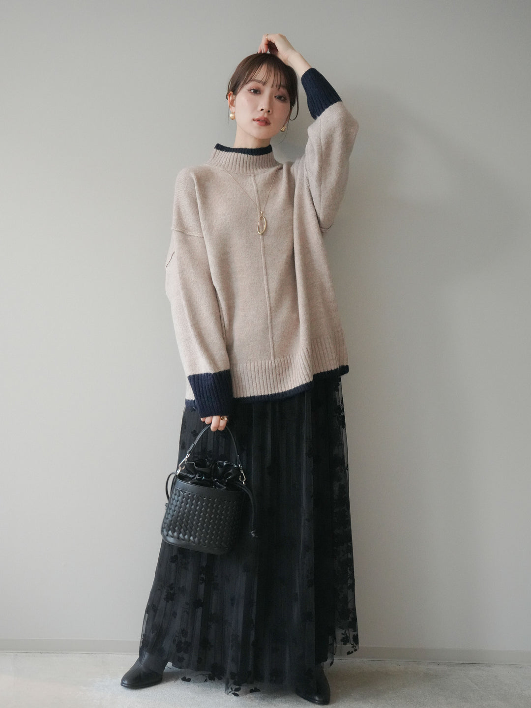 [SET]配色ハイネックニットプルオーバー+フラワーフロッキーチュールプリーツスカート(2set)