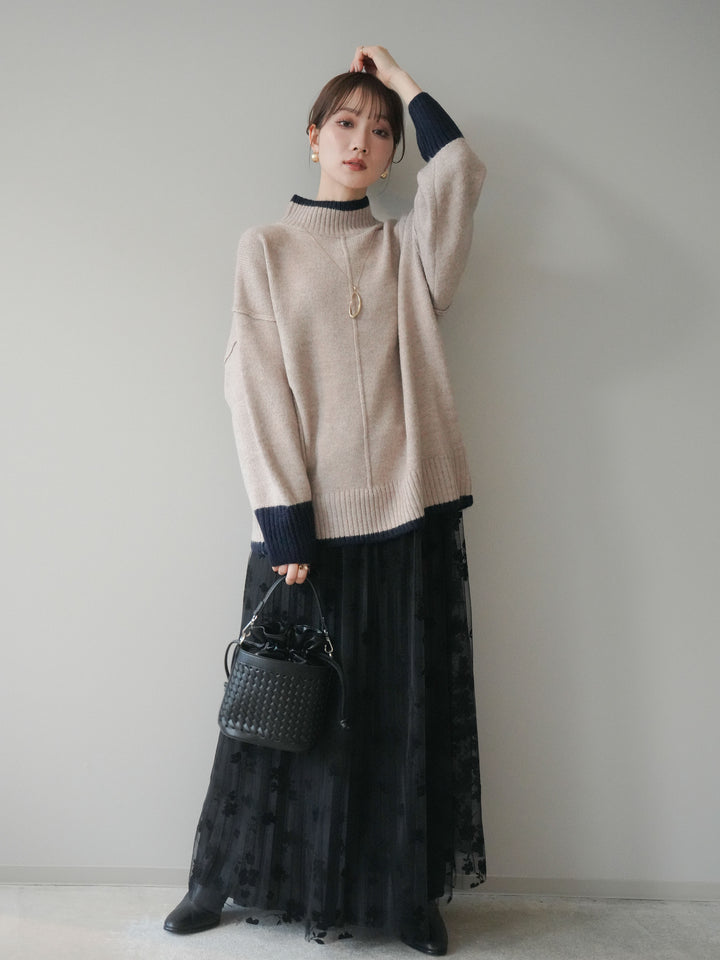 [SET]配色ハイネックニットプルオーバー+フラワーフロッキーチュールプリーツスカート(2set)