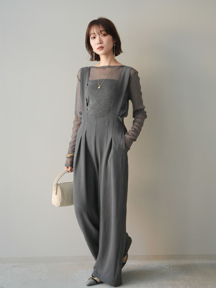 [予約]シボ加工ハイウエストタックサロペット/charcoal